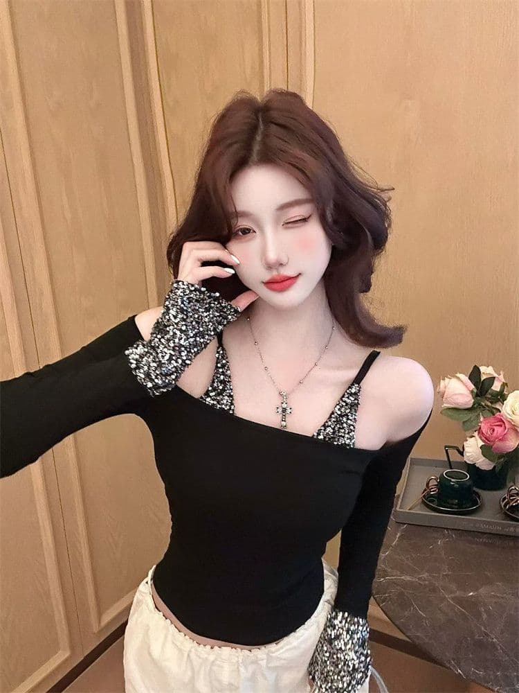모방 면 벨트 가슴 패드 스팽글 긴팔 티셔츠 여성 가을 오프숄더 몸매 가꾸기 핫걸 바람 만나는 맨위 상세 이미지 8