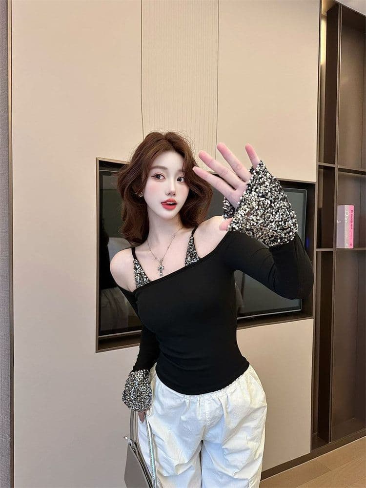 모방 면 벨트 가슴 패드 스팽글 긴팔 티셔츠 여성 가을 오프숄더 몸매 가꾸기 핫걸 바람 만나는 맨위 상세 이미지 10