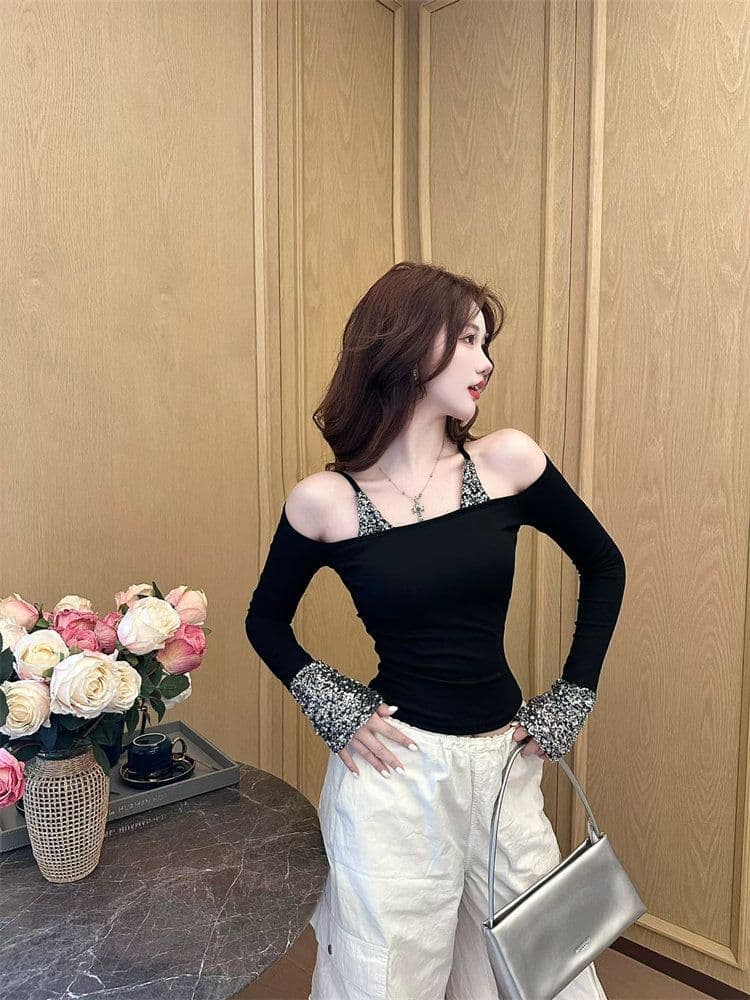 모방 면 벨트 가슴 패드 스팽글 긴팔 티셔츠 여성 가을 오프숄더 몸매 가꾸기 핫걸 바람 만나는 맨위 상세 이미지 12
