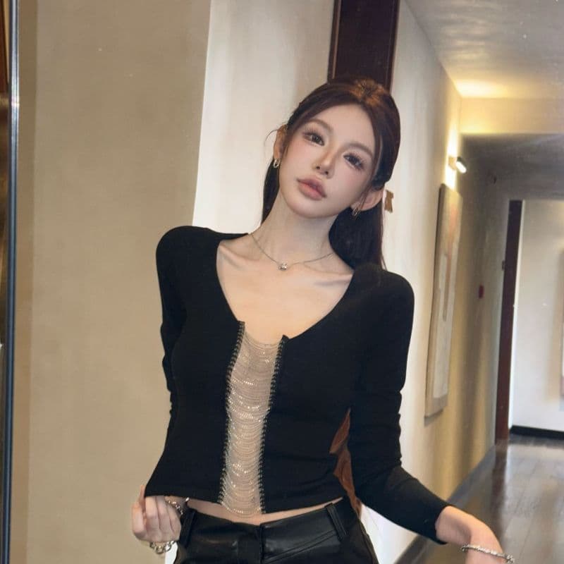 모방 면 디자인 센스 체인 티셔츠 여성 가을 겨울 8 점 소매 몸매 가꾸기 핫걸 바람 작은 대중 짧은 맨위