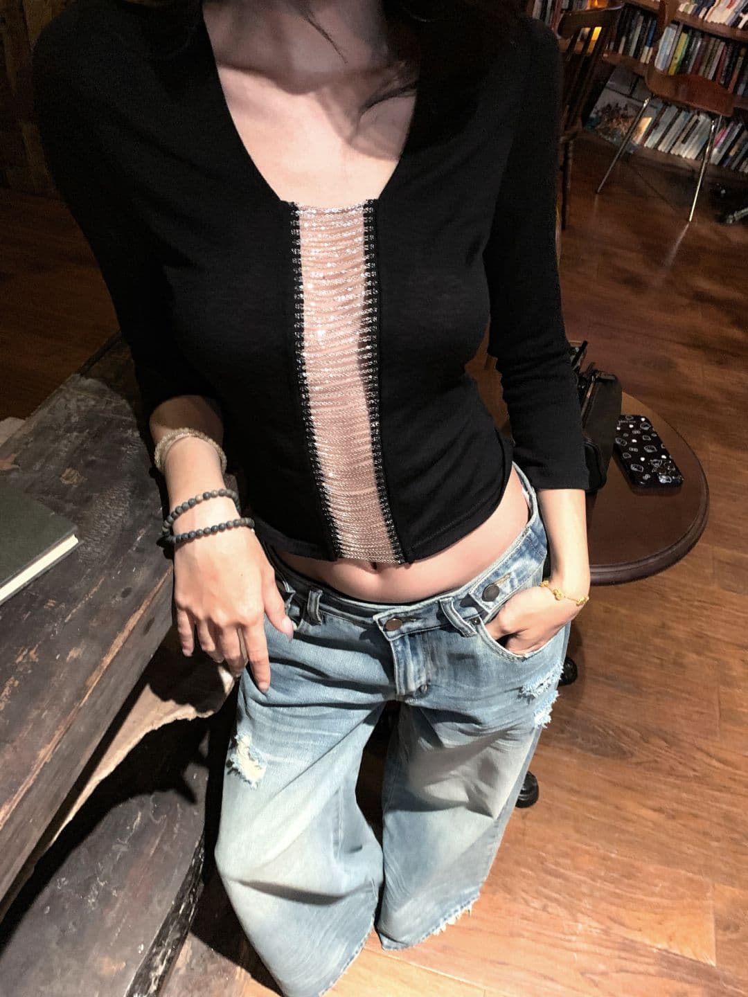 모방 면 디자인 센스 체인 티셔츠 여성 가을 겨울 8 점 소매 몸매 가꾸기 핫걸 바람 작은 대중 짧은 맨위 상세 이미지 9