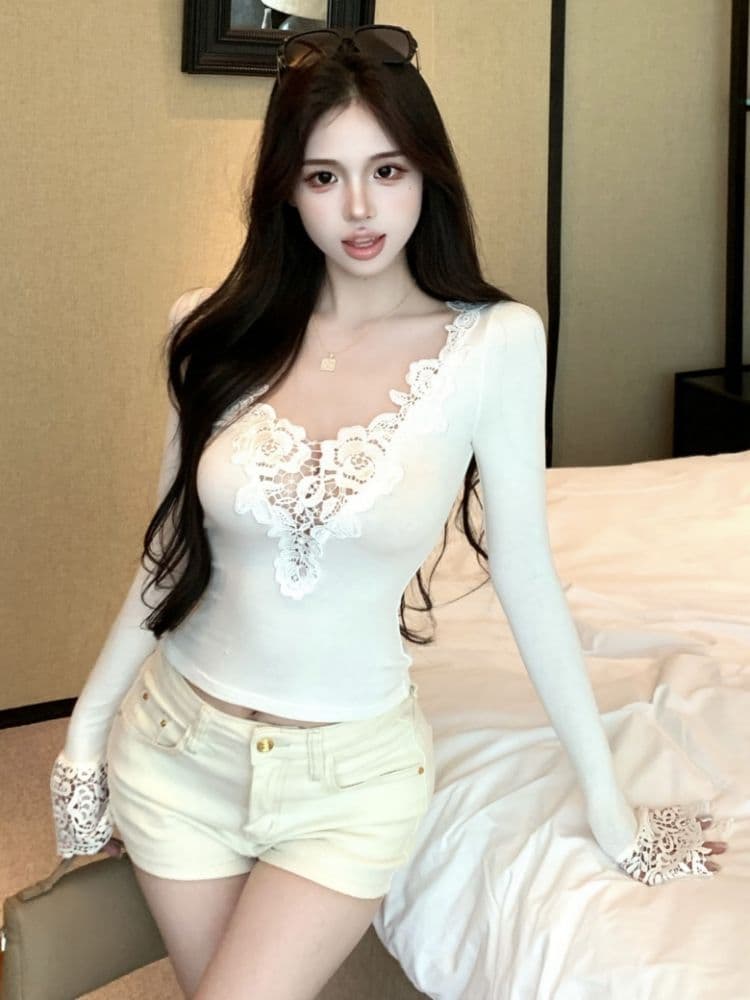 모방 면 디자인 센스 패치워크 V넥 긴팔 티셔츠 여성 가을 몸매 가꾸기 인사이드 가져 가라. 순수한 욕망 바람 만나는 맨위 상세 이미지 7