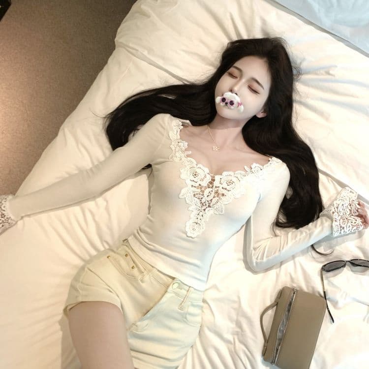 모방 면 디자인 센스 패치워크 V넥 긴팔 티셔츠 여성 가을 몸매 가꾸기 인사이드 가져 가라. 순수한 욕망 바람 만나는 맨위 상세 이미지 9
