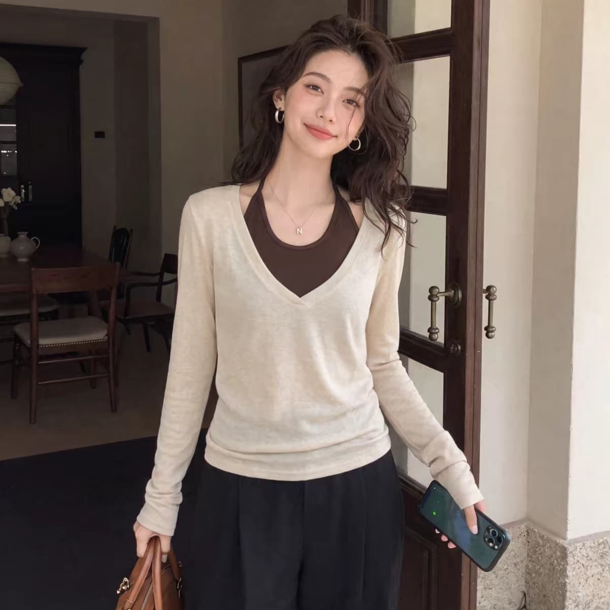 광저우 원단 사람들 면 와 사고 방식 260 그램 한 부서 긴팔 티셔츠 여성 행침 목 슬립 투피스 세트 이미지 5