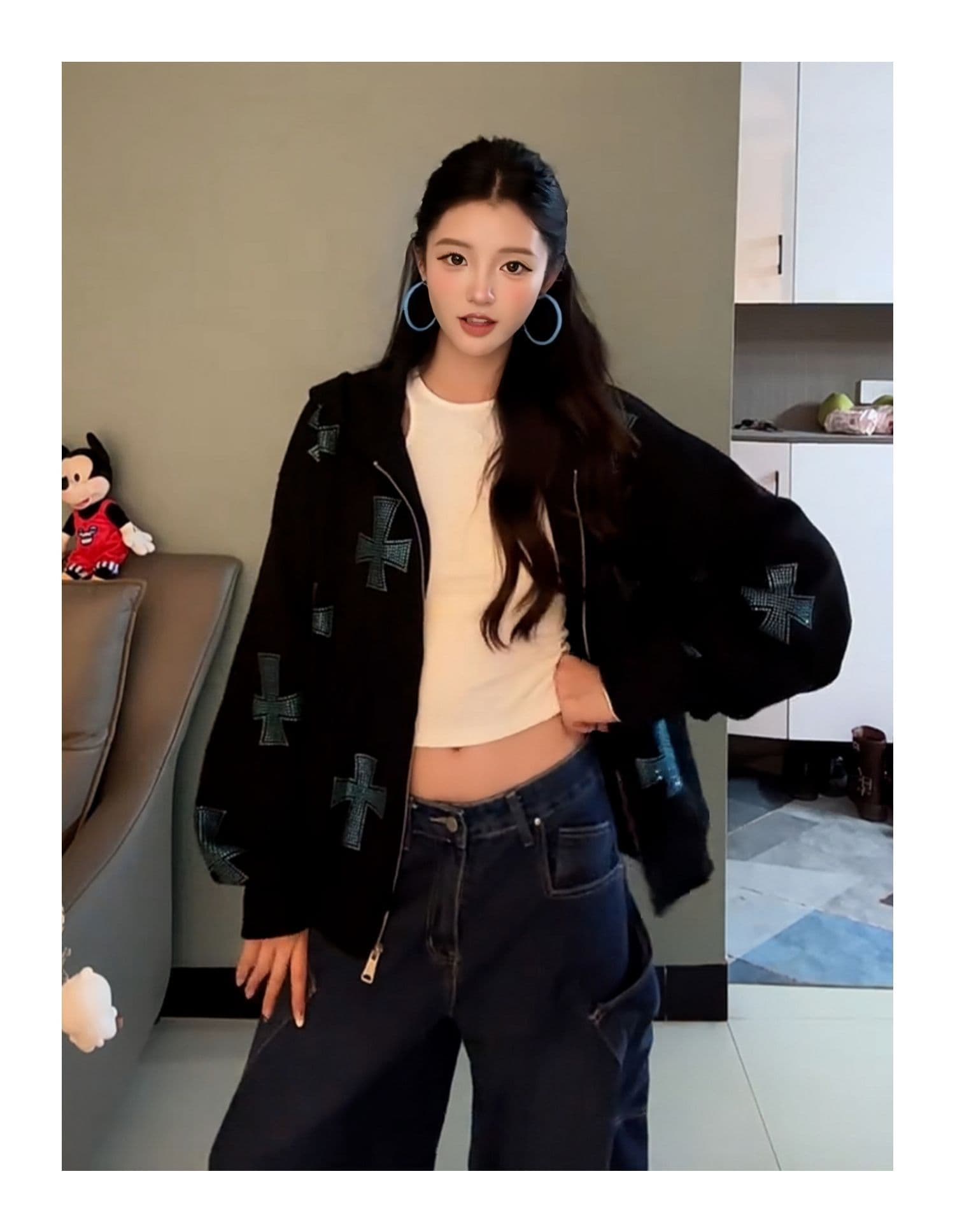 순수한 Mianhua 면 핫픽스 아메리칸 가을 겨울 맨위 십자가 후드 오픈 가디건 루즈핏 조수 브랜드 후드티 여성 코트 이미지 4