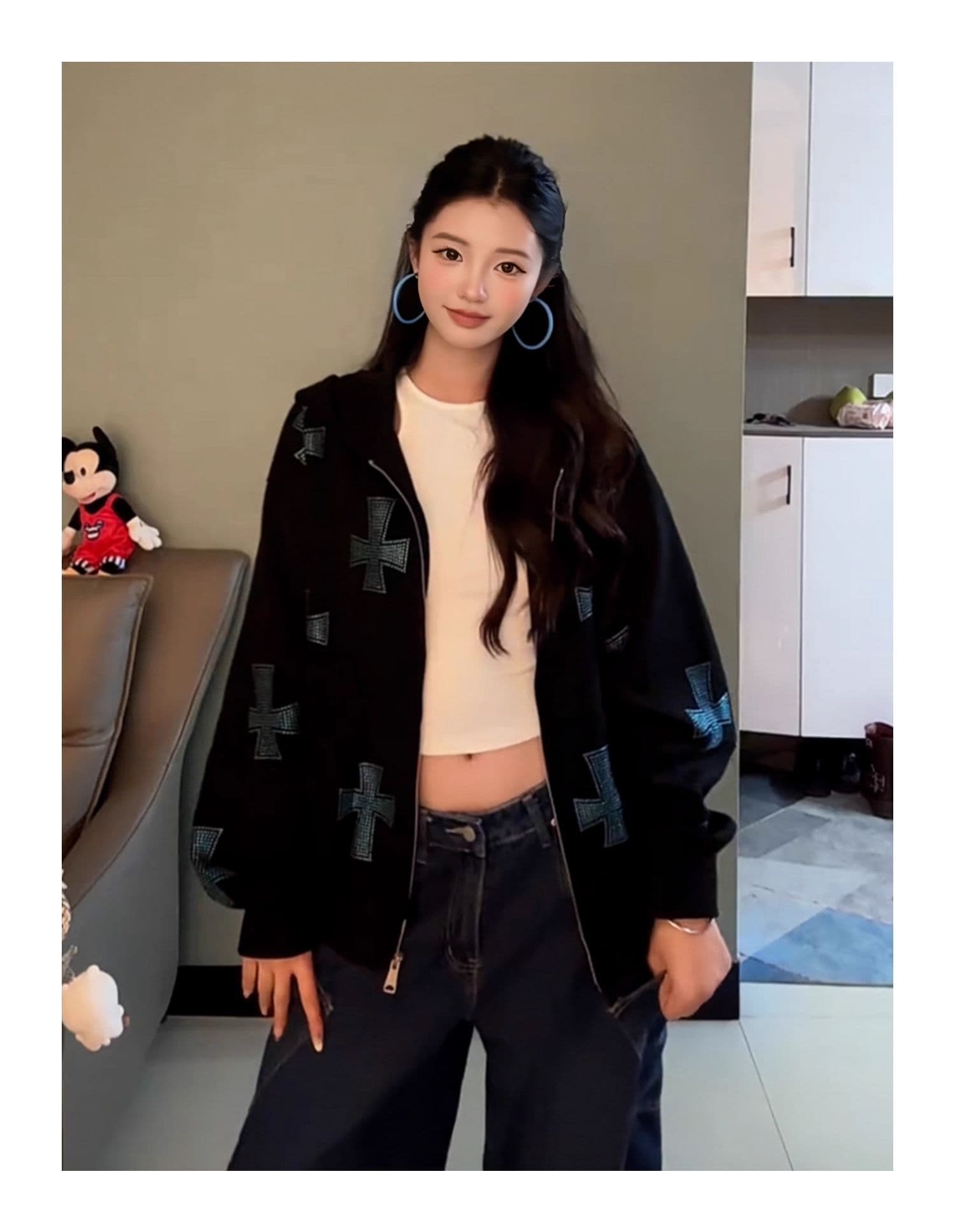순수한 Mianhua 면 핫픽스 아메리칸 가을 겨울 맨위 십자가 후드 오픈 가디건 루즈핏 조수 브랜드 후드티 여성 코트