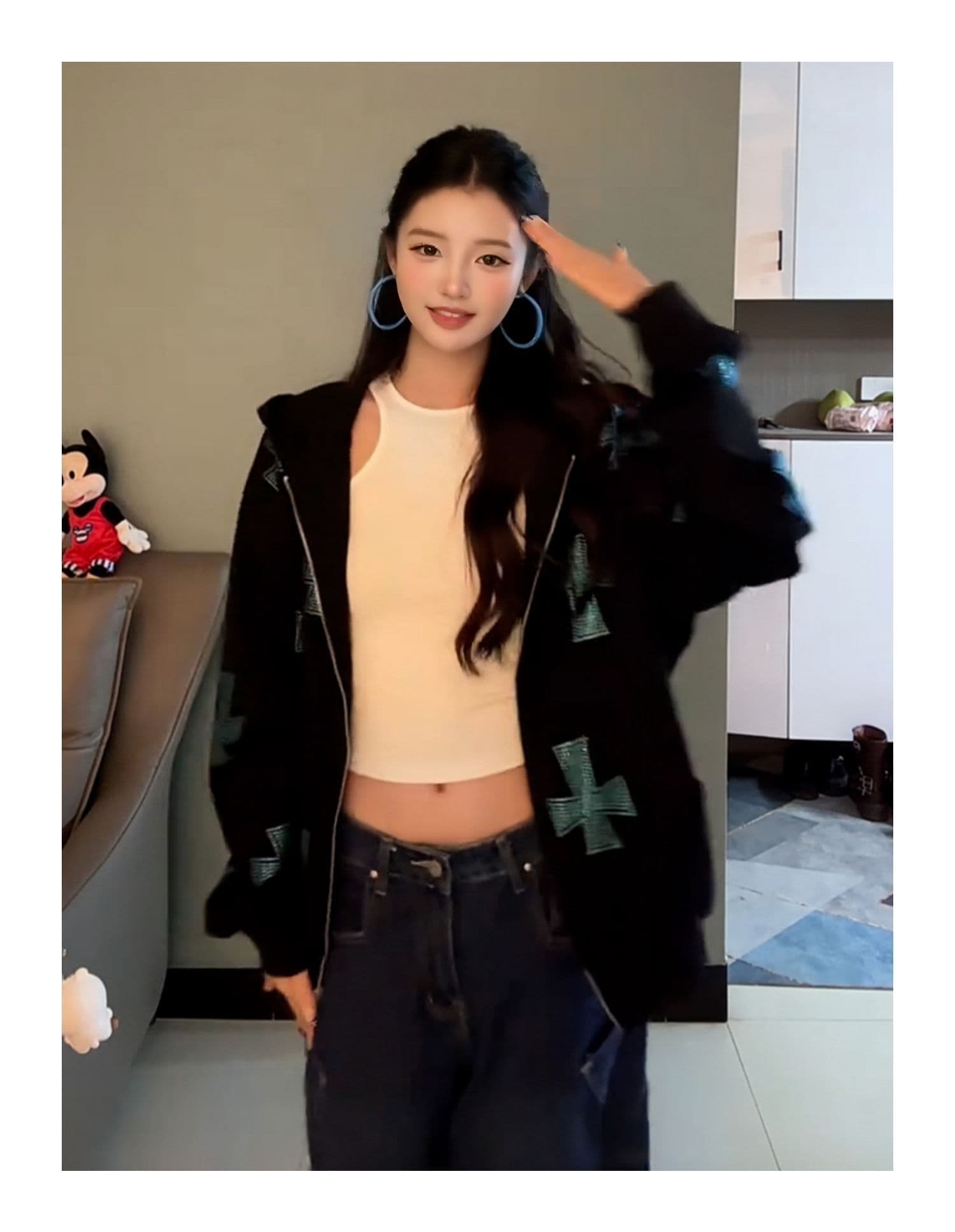 순수한 Mianhua 면 핫픽스 아메리칸 가을 겨울 맨위 십자가 후드 오픈 가디건 루즈핏 조수 브랜드 후드티 여성 코트 상세 이미지 3