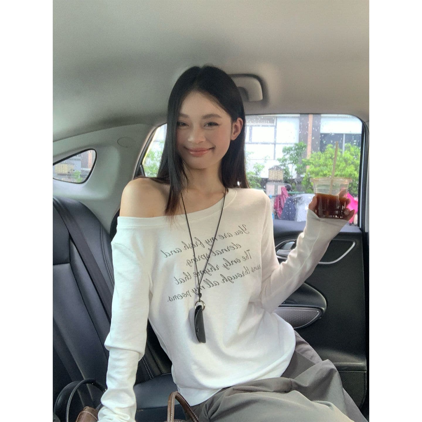 220 그램 92 면 8 암모니아 Lun 비스듬한 칼라 오프숄더 티셔츠 여성 긴 소매 기본 셔츠 여성 상세 이미지 2