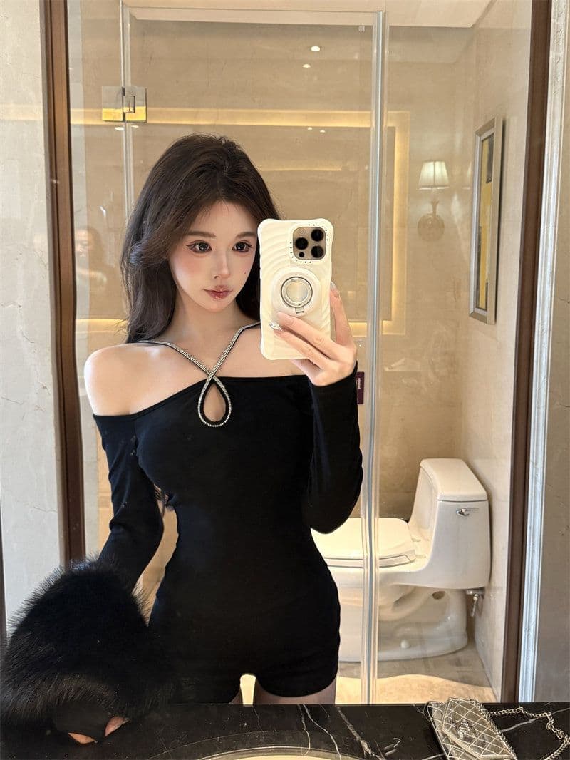 260 그램 사람들 면 섹시함 순수한 욕망 오프숄더 쇄골 티셔츠 여성 가을 쇼트 스타일 몸매 가꾸기 오프숄더 작은 대중 아니요 명중 셔츠 맨위 상세 이미지 1
