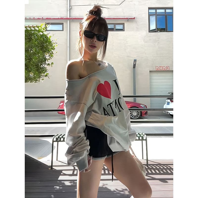 순면 더블 실 레트로 핫걸 하트 오프숄더 긴팔 여성 가을 루즈핏 느긋한 디자인 센스 작은 대중 비스듬한 어깨 의류 상세 이미지 1