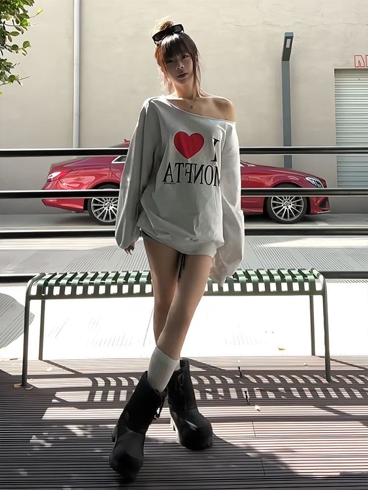 순면 더블 실 레트로 핫걸 하트 오프숄더 긴팔 여성 가을 루즈핏 느긋한 디자인 센스 작은 대중 비스듬한 어깨 의류 상세 이미지 5