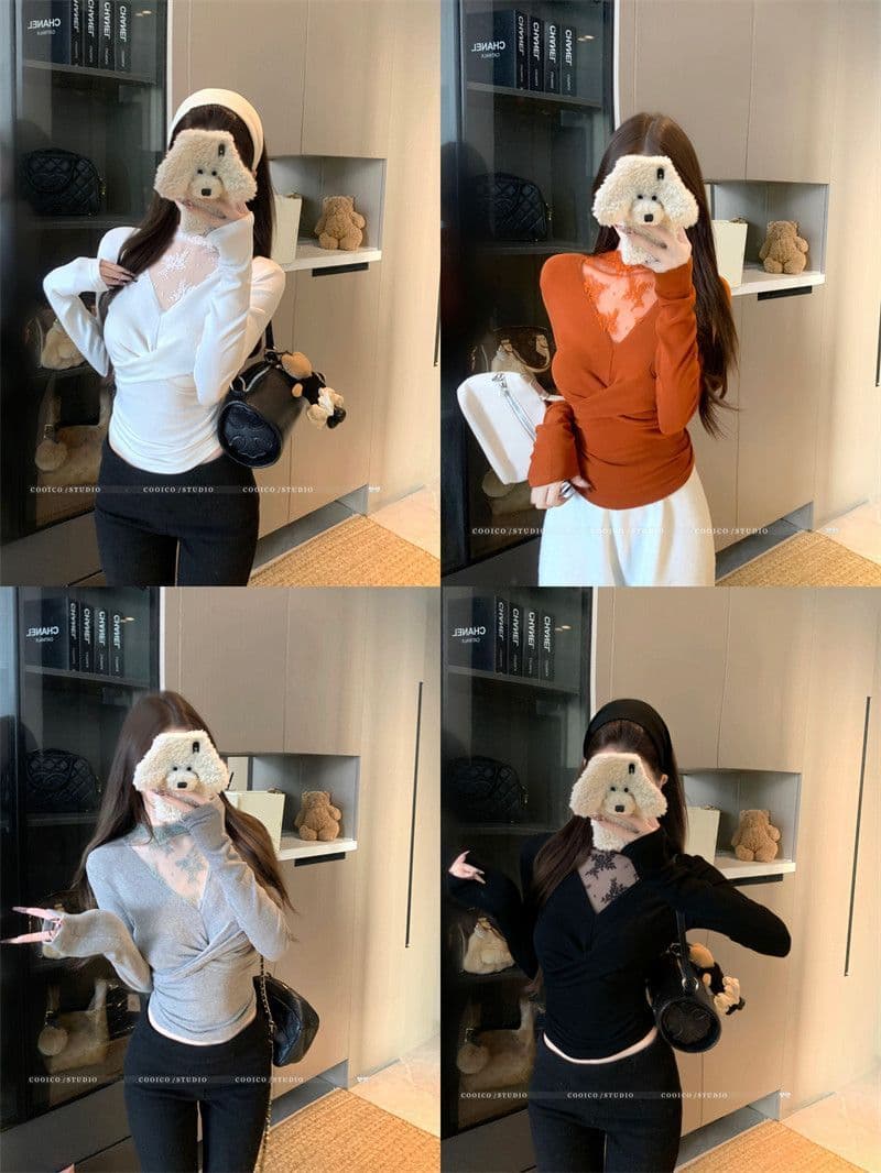 사람들 면 연삭 털 디자인 센스 비틀림 레이스 조각 V넥 긴팔 티셔츠 여성 가을 새로운 슬림해 보이는 기본 셔츠 맨위 상세 이미지 3