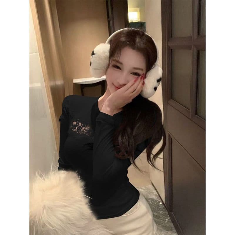 260 그램 사람들 면 순수한 욕망 핫걸 바람 마이크로 ~을 통해 홀로우 아웃 레이스 조각 기본 셔츠 여성 가을 몸매 가꾸기 긴팔 맨위 이미지 3