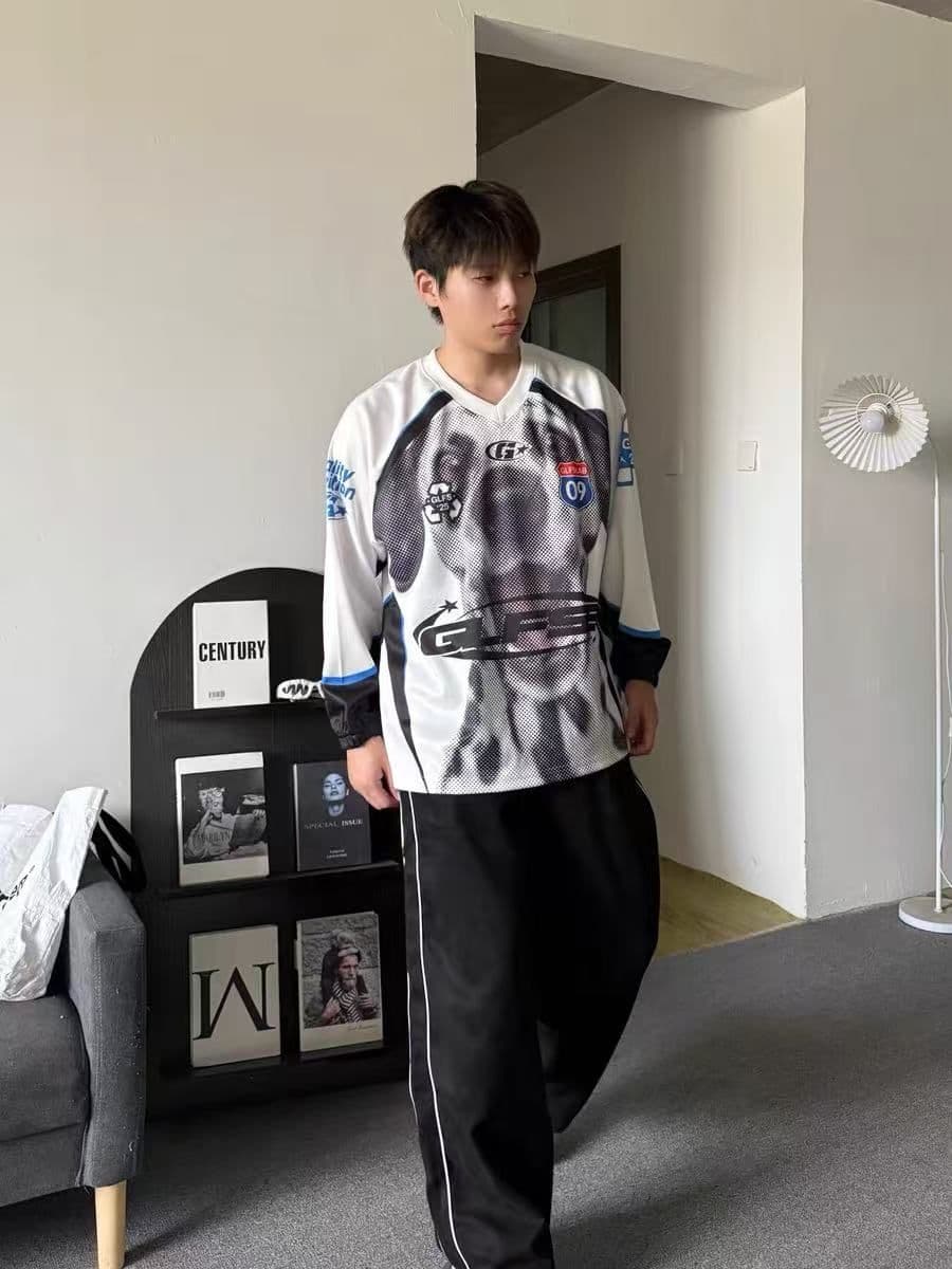 원본 솜씨 원본 저지 원단 아메리칸 높음 거리 V넥 프린트 루즈핏 운동 긴팔 티셔츠 남녀 커플 가을 상세 이미지 6