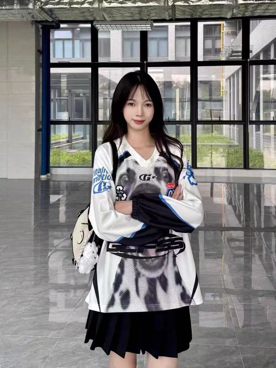 원본 솜씨 원본 저지 원단 아메리칸 높음 거리 V넥 프린트 루즈핏 운동 긴팔 티셔츠 남녀 커플 가을 상세 이미지 10