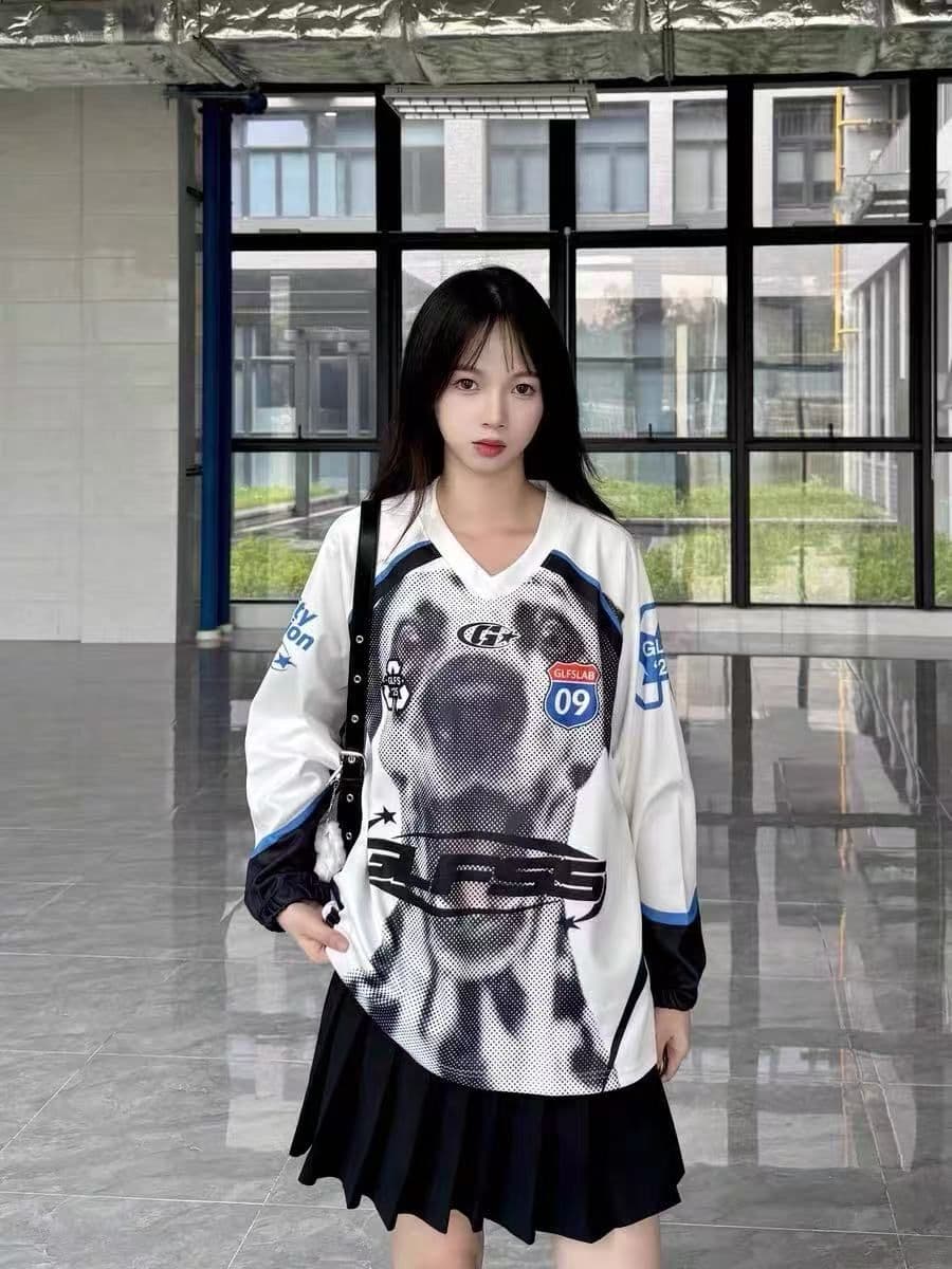 원본 솜씨 원본 저지 원단 아메리칸 높음 거리 V넥 프린트 루즈핏 운동 긴팔 티셔츠 남녀 커플 가을 상세 이미지 11