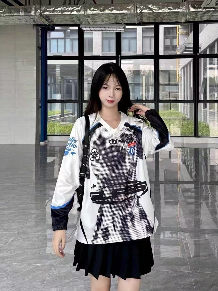 원본 솜씨 원본 저지 원단 아메리칸 높음 거리 V넥 프린트 루즈핏 운동 긴팔 티셔츠 남녀 커플 가을 상세 이미지 12