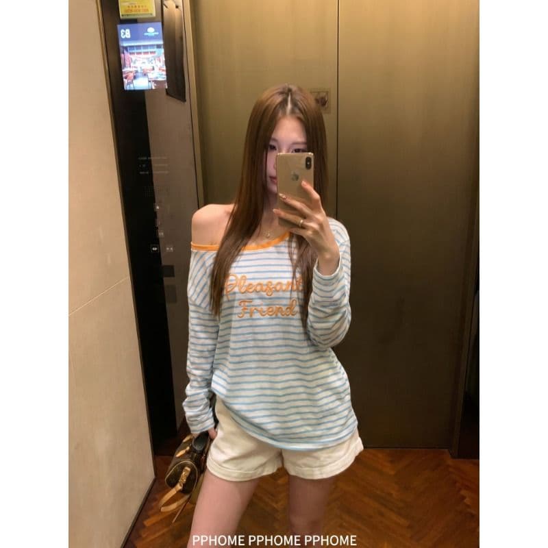 원본 품질 느긋한 수식 한 부서 스트라이프 자수 알파벳 긴팔 티셔츠 가을 슬림해 보이는 맨위 상세 이미지 4