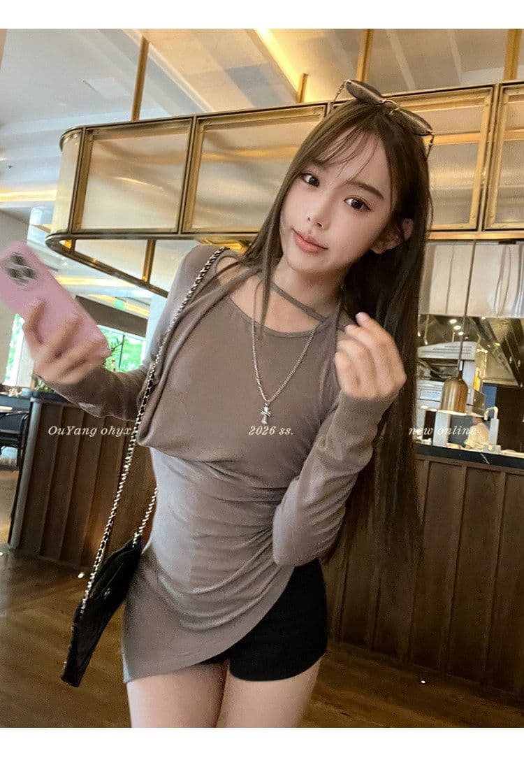 원본 품질 디자인 센스 행침 목 불규칙 긴팔 행침 목 티셔츠 여름 맨위 여성 트렌디 이미지 4