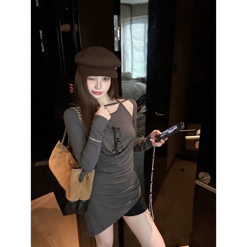 원본 품질 디자인 센스 행침 목 불규칙 긴팔 행침 목 티셔츠 여름 맨위 여성 트렌디 상세 이미지 2