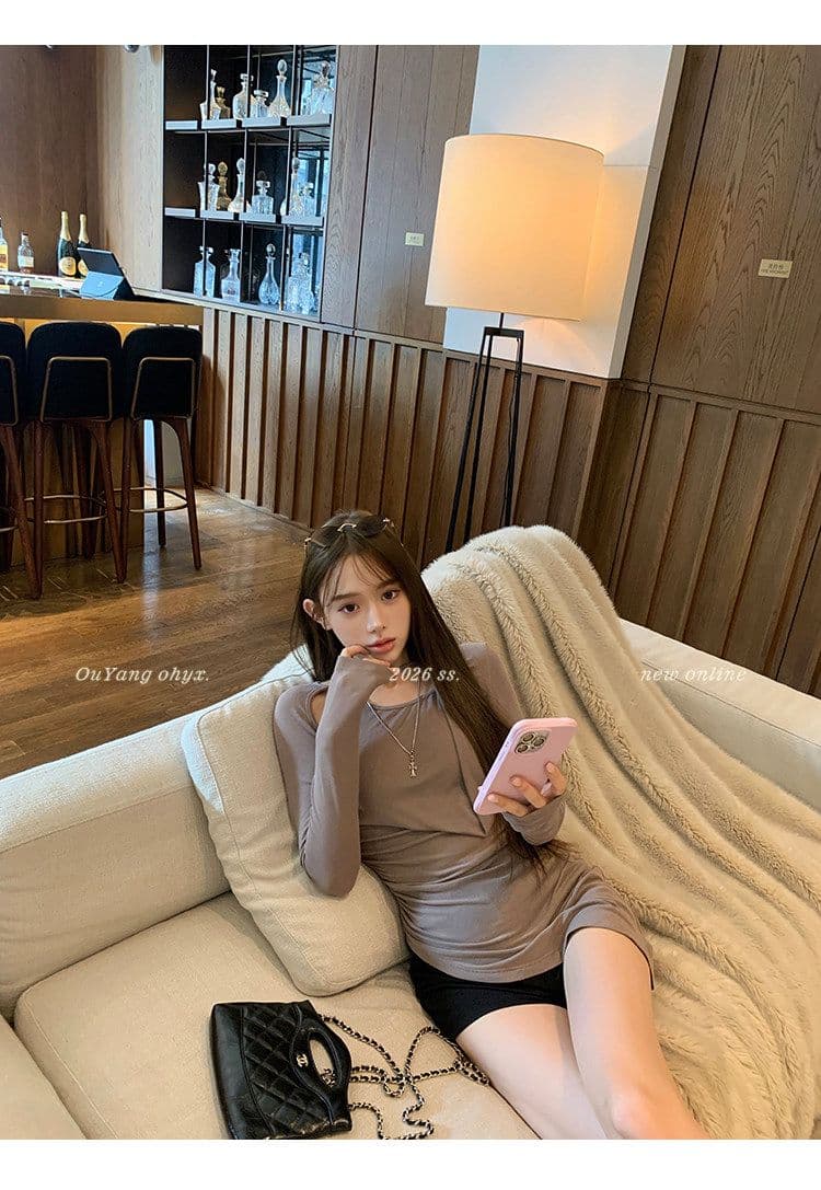 원본 품질 디자인 센스 행침 목 불규칙 긴팔 행침 목 티셔츠 여름 맨위 여성 트렌디 상세 이미지 5