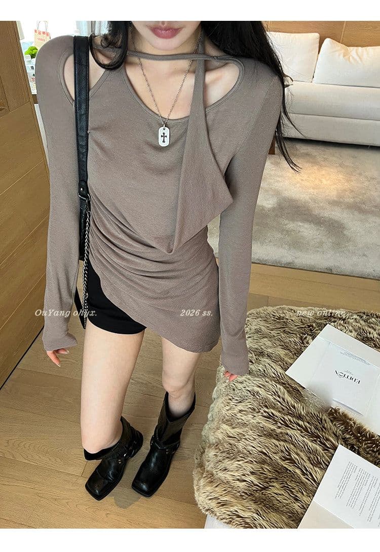 원본 품질 디자인 센스 행침 목 불규칙 긴팔 행침 목 티셔츠 여름 맨위 여성 트렌디 상세 이미지 6