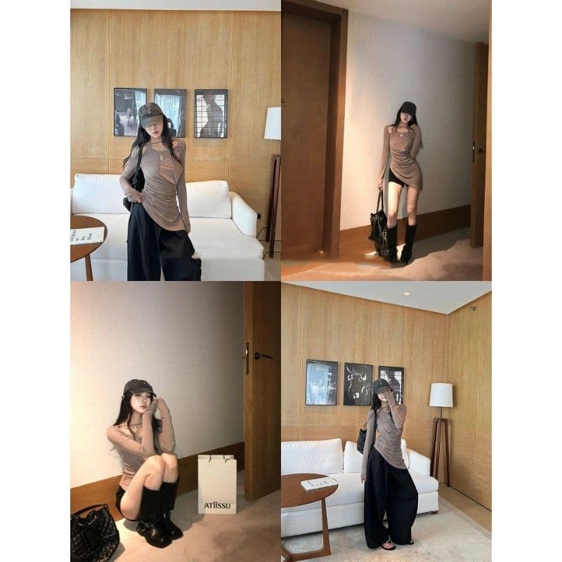 원본 품질 디자인 센스 행침 목 불규칙 긴팔 행침 목 티셔츠 여름 맨위 여성 트렌디 상세 이미지 17