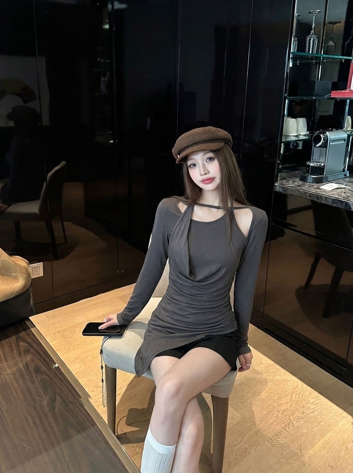 원본 품질 디자인 센스 행침 목 불규칙 긴팔 행침 목 티셔츠 여름 맨위 여성 트렌디 상세 이미지 22