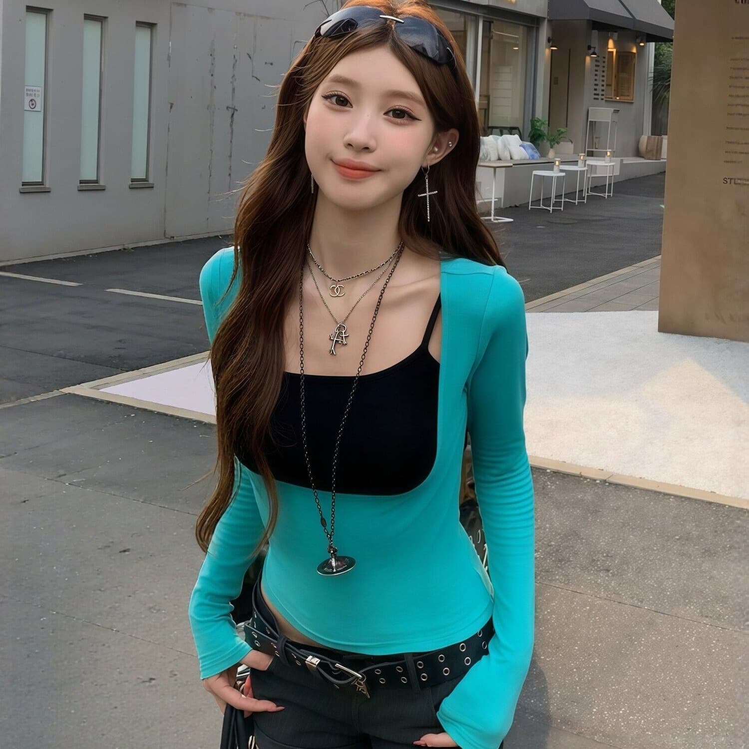 260 그램 사람들 면 페이크 레이어드 u 칼라 긴팔 티셔츠 여성 몸매 가꾸기 쇼트 스타일 이슬 뼈의 배색 슬립 슬림해 보이는 만나는 맨위 이미지 5