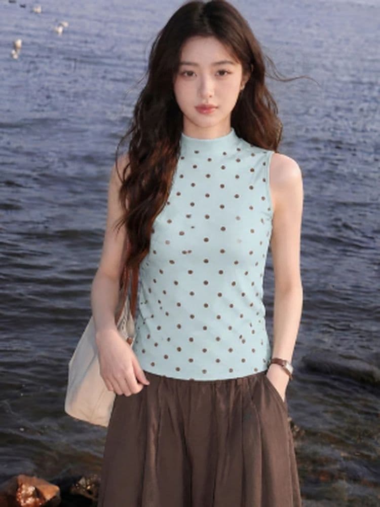 1 1 차가운 실크 코튼 210 그램 반하이넥 도트 무늬 캐미솔 슬림해 보이는 몸매 가꾸기 달콤한 스타일 얇은 스타일 외출용 맨위 이미지 4
