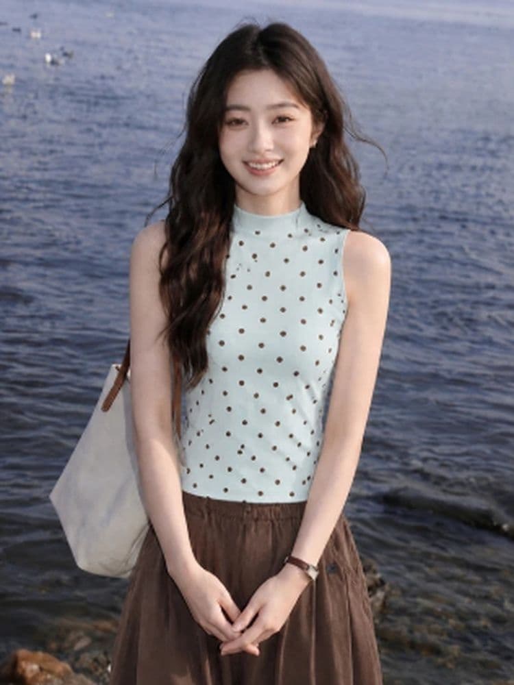 1 1 차가운 실크 코튼 210 그램 반하이넥 도트 무늬 캐미솔 슬림해 보이는 몸매 가꾸기 달콤한 스타일 얇은 스타일 외출용 맨위 상세 이미지 4