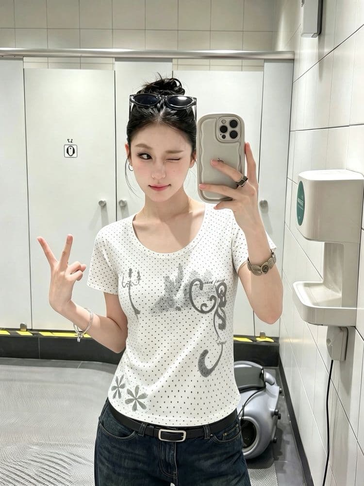 1 1 라이 우아한 260 그램 아메리칸 도트 무늬 촛대 프린트 반팔 티셔츠 여성 여름 몸매 가꾸기 슬림해 보이는 핫걸 아름다운 맨위 이미지 3