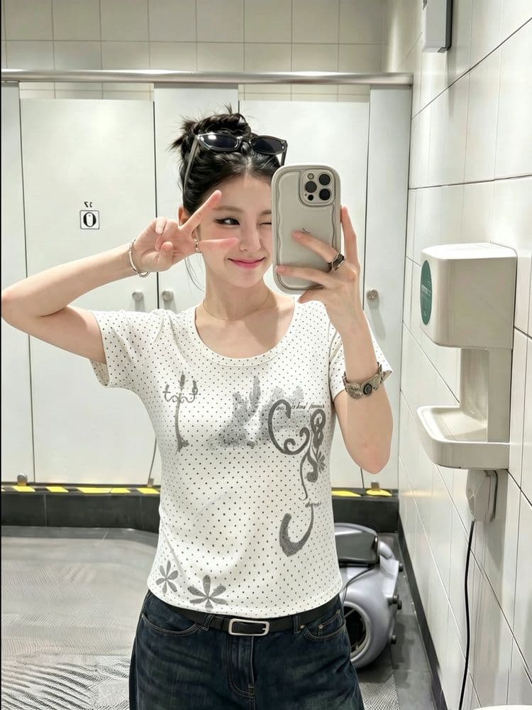 1 1 라이 우아한 260 그램 아메리칸 도트 무늬 촛대 프린트 반팔 티셔츠 여성 여름 몸매 가꾸기 슬림해 보이는 핫걸 아름다운 맨위 상세 이미지 4