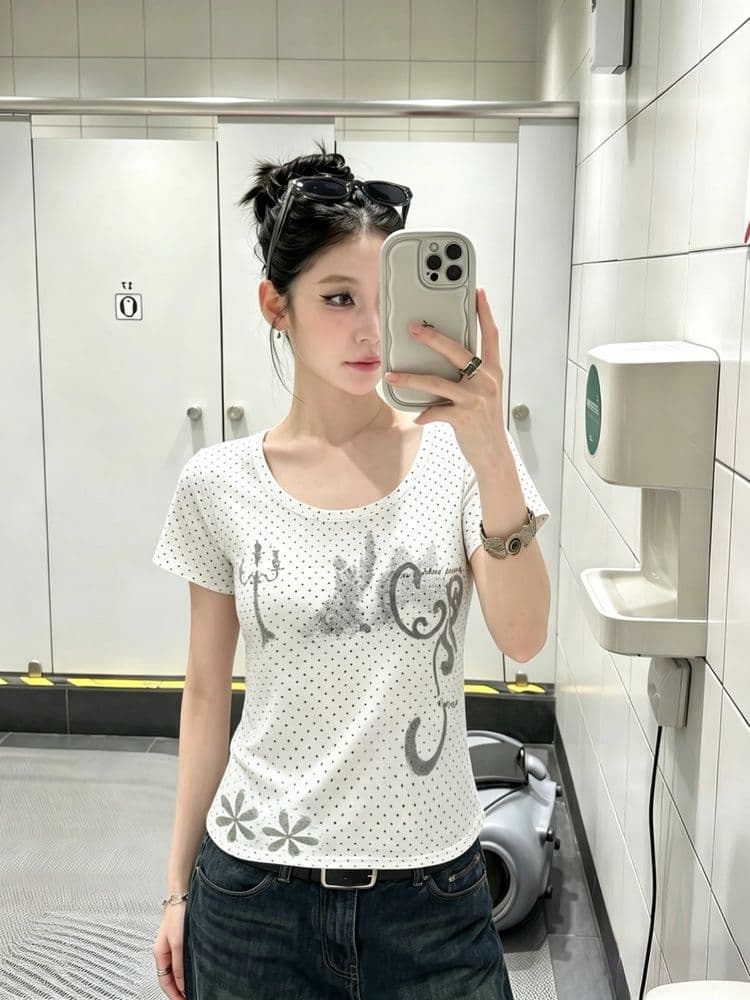 1 1 라이 우아한 260 그램 아메리칸 도트 무늬 촛대 프린트 반팔 티셔츠 여성 여름 몸매 가꾸기 슬림해 보이는 핫걸 아름다운 맨위 상세 이미지 6