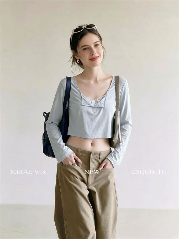 원본 라이 경기 서울 알몸의 센스 부드러운 피부 tee 헨리 칼라 긴팔 티셔츠 쇼트 스타일 뒤로 홀로우 아웃 디자인 센스 블라우스 맨위 이미지 3