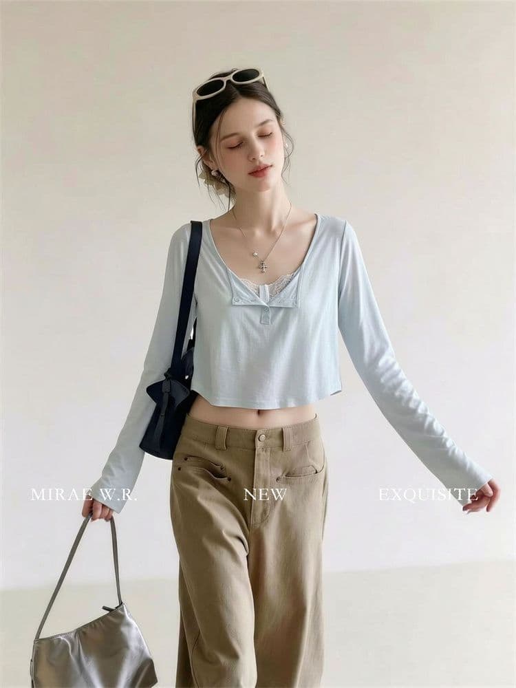 원본 라이 경기 서울 알몸의 센스 부드러운 피부 tee 헨리 칼라 긴팔 티셔츠 쇼트 스타일 뒤로 홀로우 아웃 디자인 센스 블라우스 맨위 상세 이미지 10