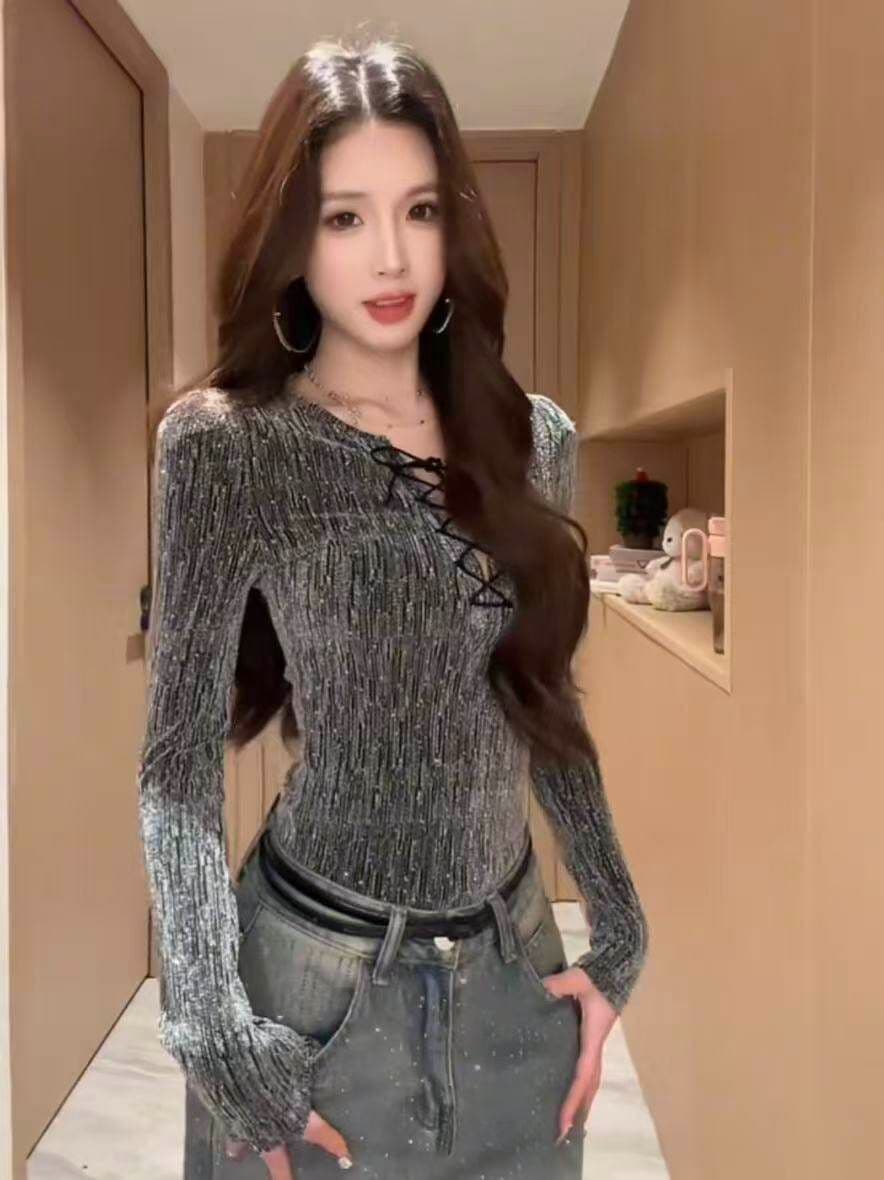 분위기 센스 스트랩 플래시 훈련 긴팔 티셔츠 봄 여름 몸매 가꾸기 허리 수축 슬림해 보이는 인사이드 잡아라. 의류 여성 상세 이미지 2