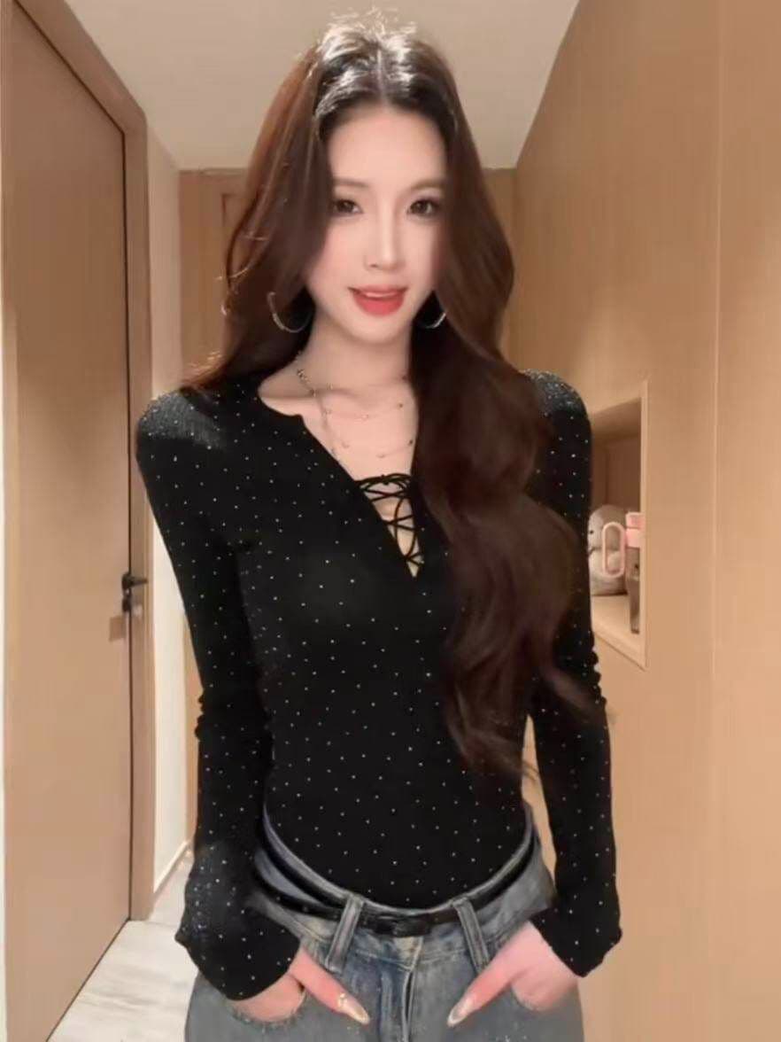 분위기 센스 스트랩 플래시 훈련 긴팔 티셔츠 봄 여름 몸매 가꾸기 허리 수축 슬림해 보이는 인사이드 잡아라. 의류 여성 상세 이미지 3