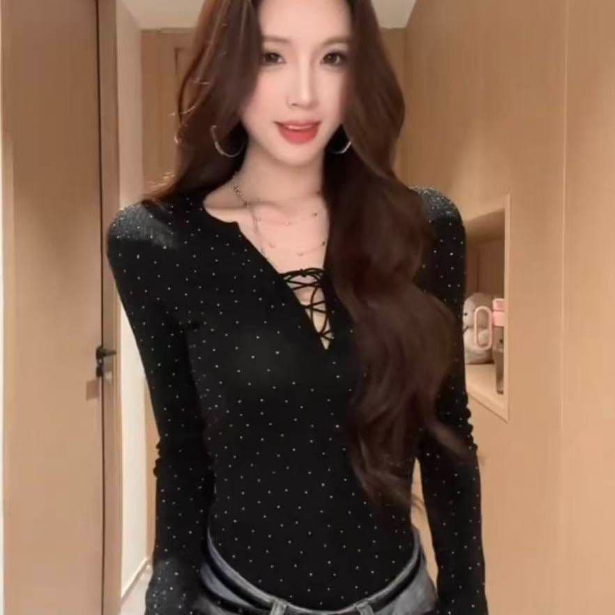 분위기 센스 스트랩 플래시 훈련 긴팔 티셔츠 봄 여름 몸매 가꾸기 허리 수축 슬림해 보이는 인사이드 잡아라. 의류 여성 상세 이미지 6