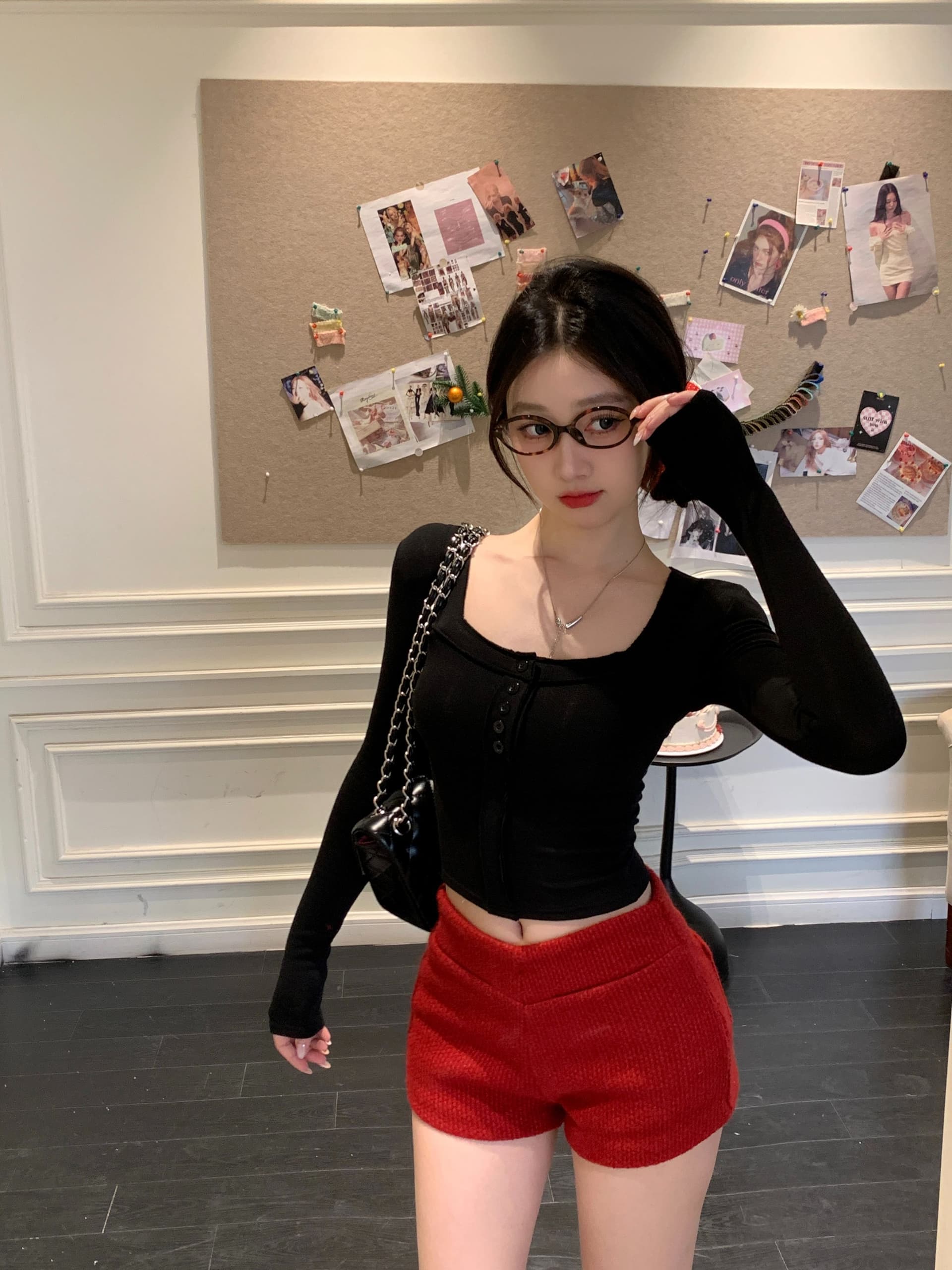 모방 면 광장 칼라 핫걸 순수한 욕망 바람 쇼트 스타일 봄 가을 긴팔 티셔츠 여성 몸매 가꾸기 인사이드 잡아라. 의류 상세 이미지 2