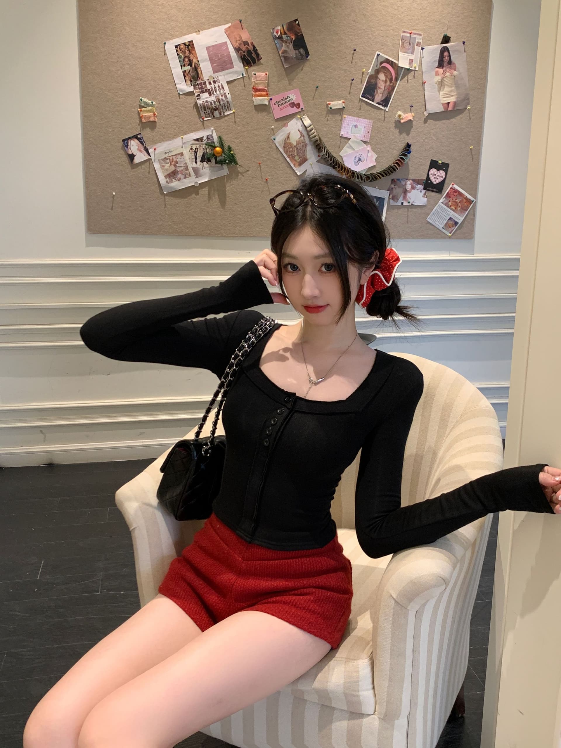 모방 면 광장 칼라 핫걸 순수한 욕망 바람 쇼트 스타일 봄 가을 긴팔 티셔츠 여성 몸매 가꾸기 인사이드 잡아라. 의류 상세 이미지 4
