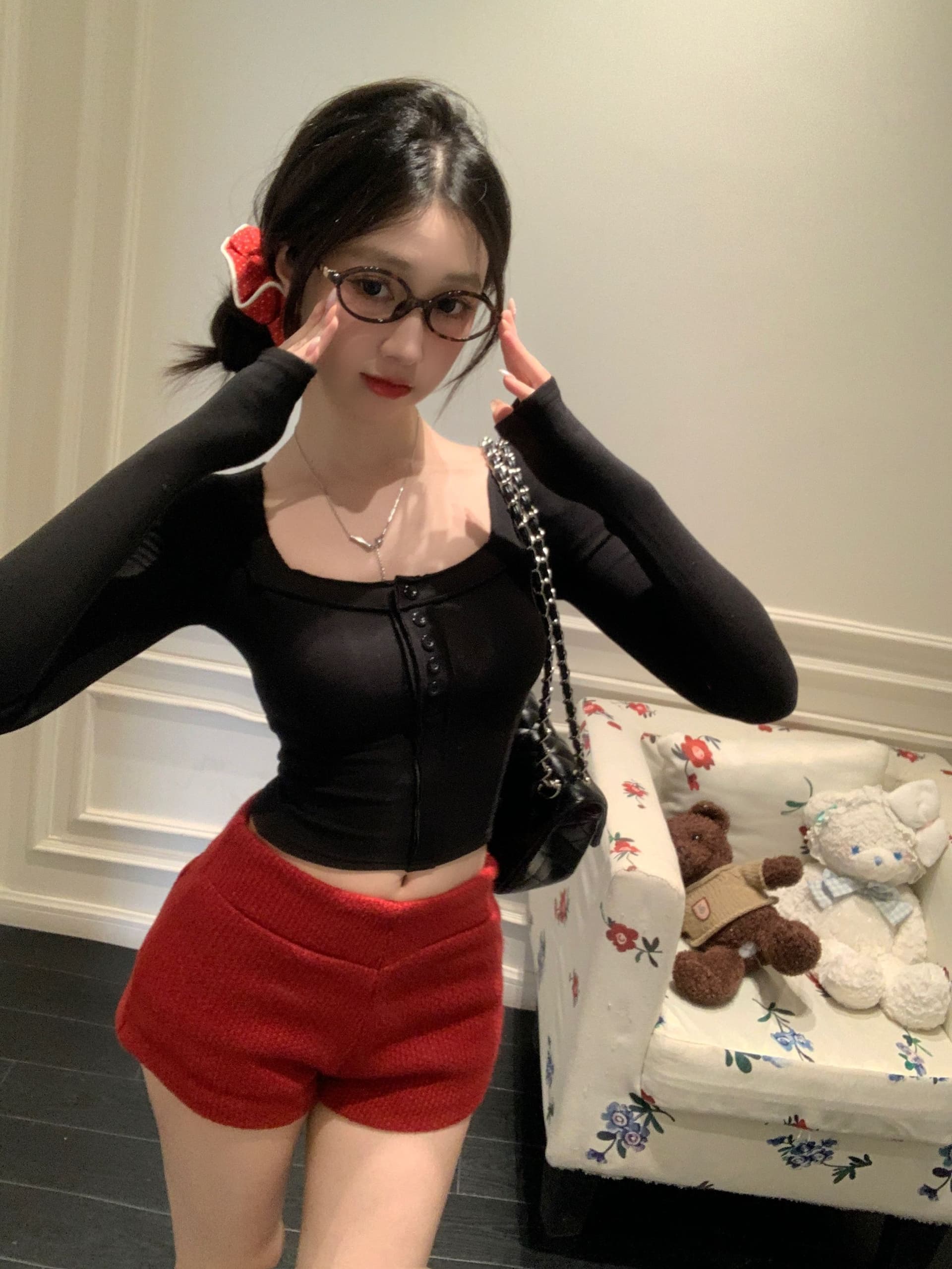 모방 면 광장 칼라 핫걸 순수한 욕망 바람 쇼트 스타일 봄 가을 긴팔 티셔츠 여성 몸매 가꾸기 인사이드 잡아라. 의류 상세 이미지 6