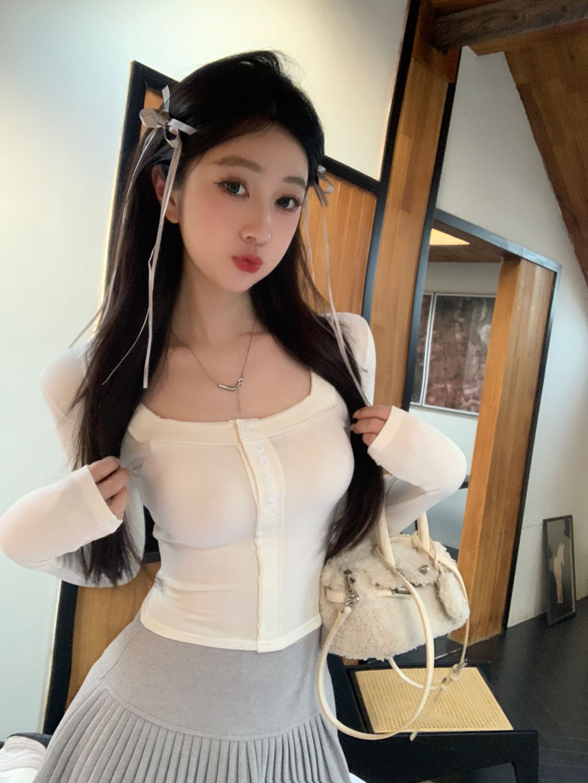 모방 면 광장 칼라 핫걸 순수한 욕망 바람 쇼트 스타일 봄 가을 긴팔 티셔츠 여성 몸매 가꾸기 인사이드 잡아라. 의류 상세 이미지 7