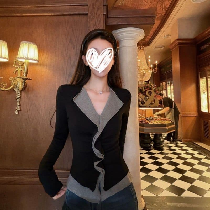 모방 면 프랑스식 패치워크 색상 페이크 레이어드 디자인 센스 몸매 가꾸기 여성 티셔츠 봄 가을 기본 셔츠 맨위