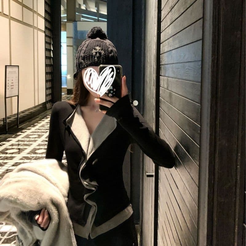 모방 면 프랑스식 패치워크 색상 페이크 레이어드 디자인 센스 몸매 가꾸기 여성 티셔츠 봄 가을 기본 셔츠 맨위 이미지 3