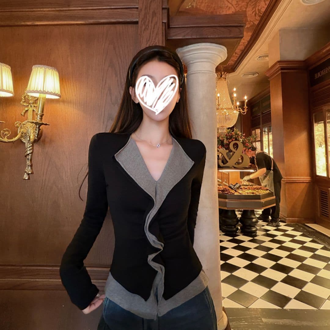 모방 면 프랑스식 패치워크 색상 페이크 레이어드 디자인 센스 몸매 가꾸기 여성 티셔츠 봄 가을 기본 셔츠 맨위 상세 이미지 4