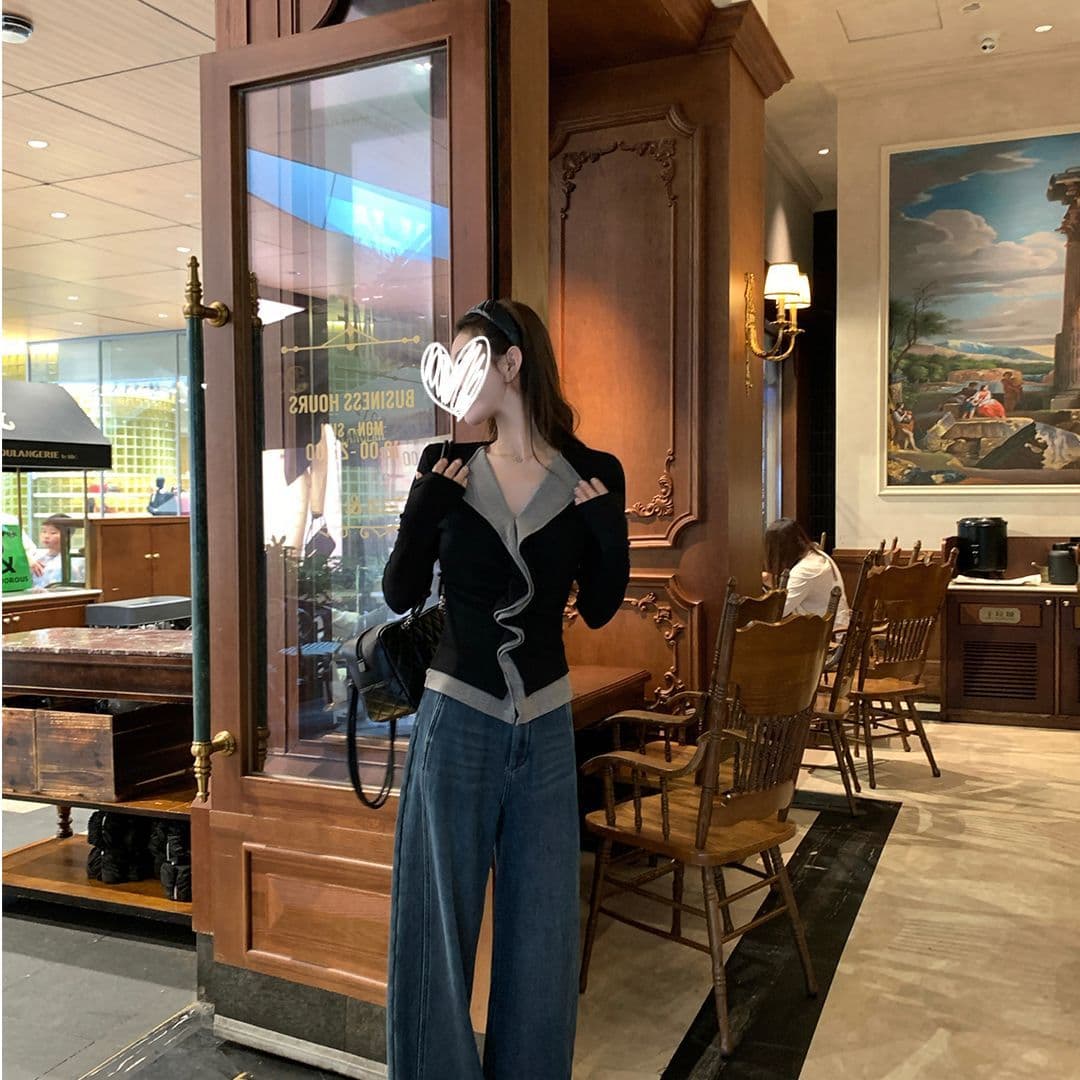 모방 면 프랑스식 패치워크 색상 페이크 레이어드 디자인 센스 몸매 가꾸기 여성 티셔츠 봄 가을 기본 셔츠 맨위 상세 이미지 7