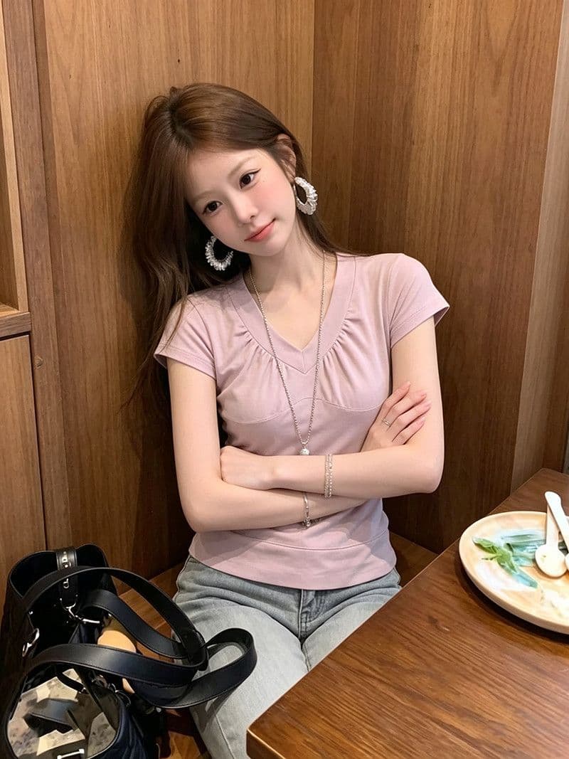 경관 그림 순면 비행기 곡물 한 부서 소녀 핑크색 V넥 주름 반팔 티셔츠 여성 여름 새로운 이미지 2