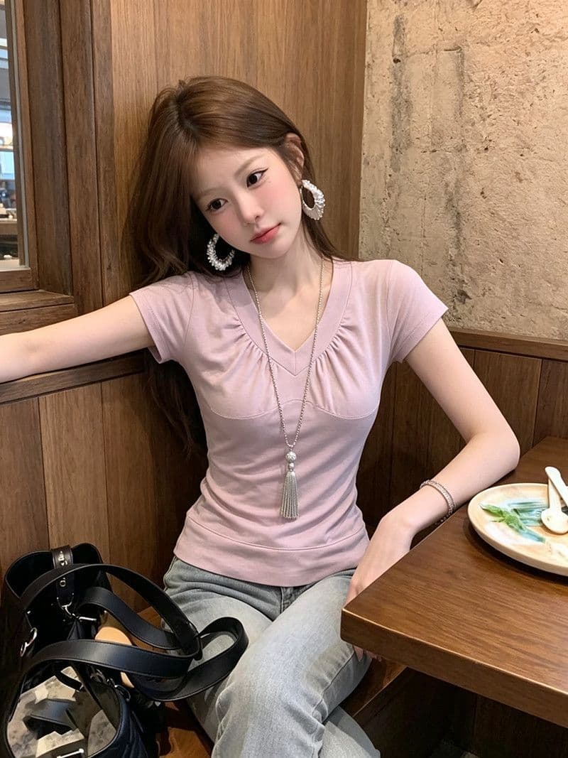경관 그림 순면 비행기 곡물 한 부서 소녀 핑크색 V넥 주름 반팔 티셔츠 여성 여름 새로운