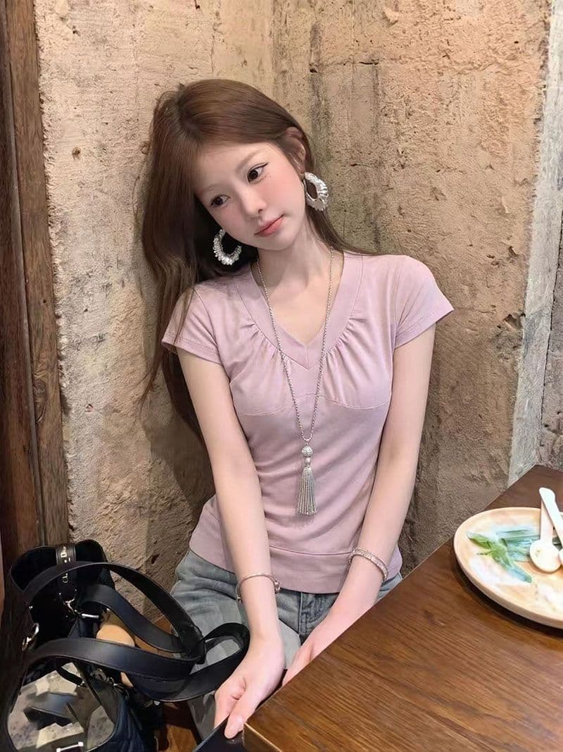 경관 그림 순면 비행기 곡물 한 부서 소녀 핑크색 V넥 주름 반팔 티셔츠 여성 여름 새로운 이미지 4